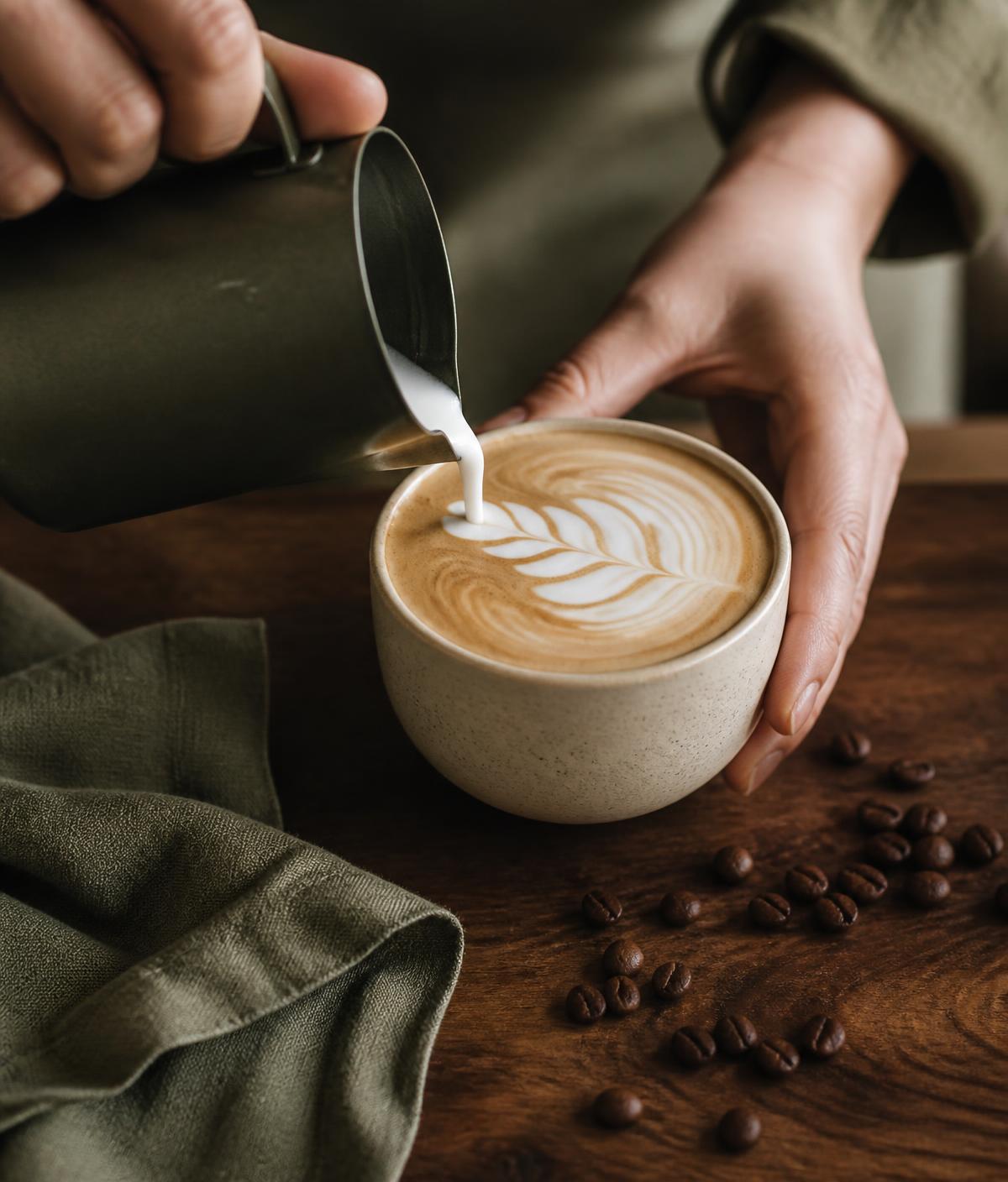 Close-up of latte art being poured into a ceramic cup